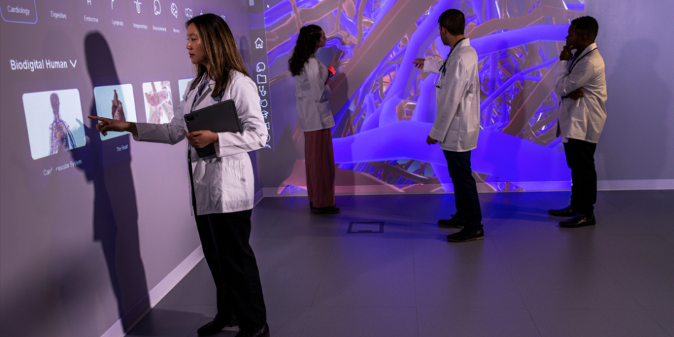 Students interacting with digital human anatomy images on touch screen walls
